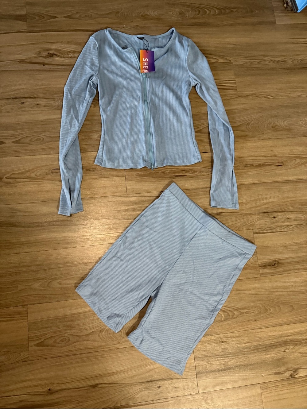 SHEIN Pale Blue Ribbed Zip-Up Top & Biker Shorts Set